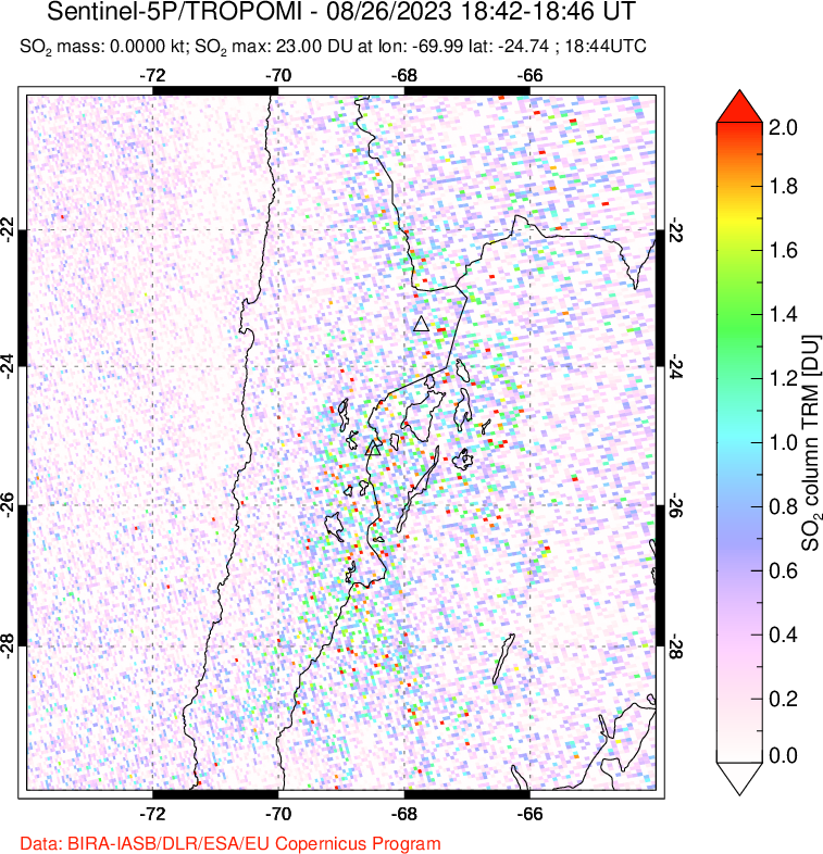 A sulfur dioxide image over Northern Chile on Aug 26, 2023.