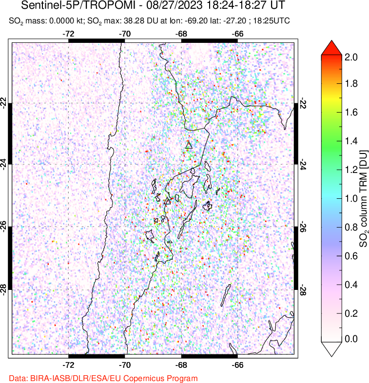 A sulfur dioxide image over Northern Chile on Aug 27, 2023.