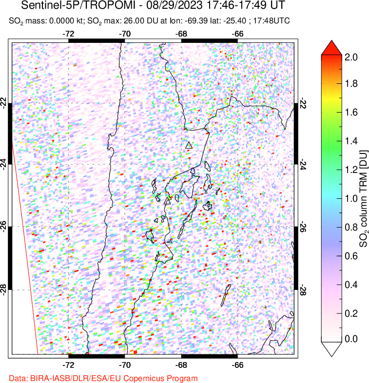 A sulfur dioxide image over Northern Chile on Aug 29, 2023.