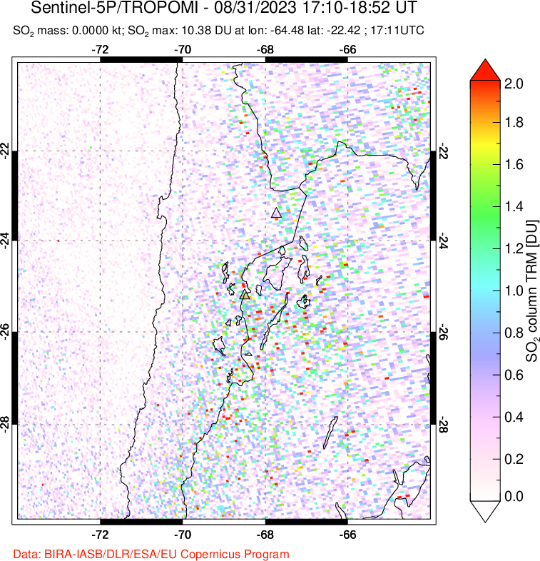 A sulfur dioxide image over Northern Chile on Aug 31, 2023.