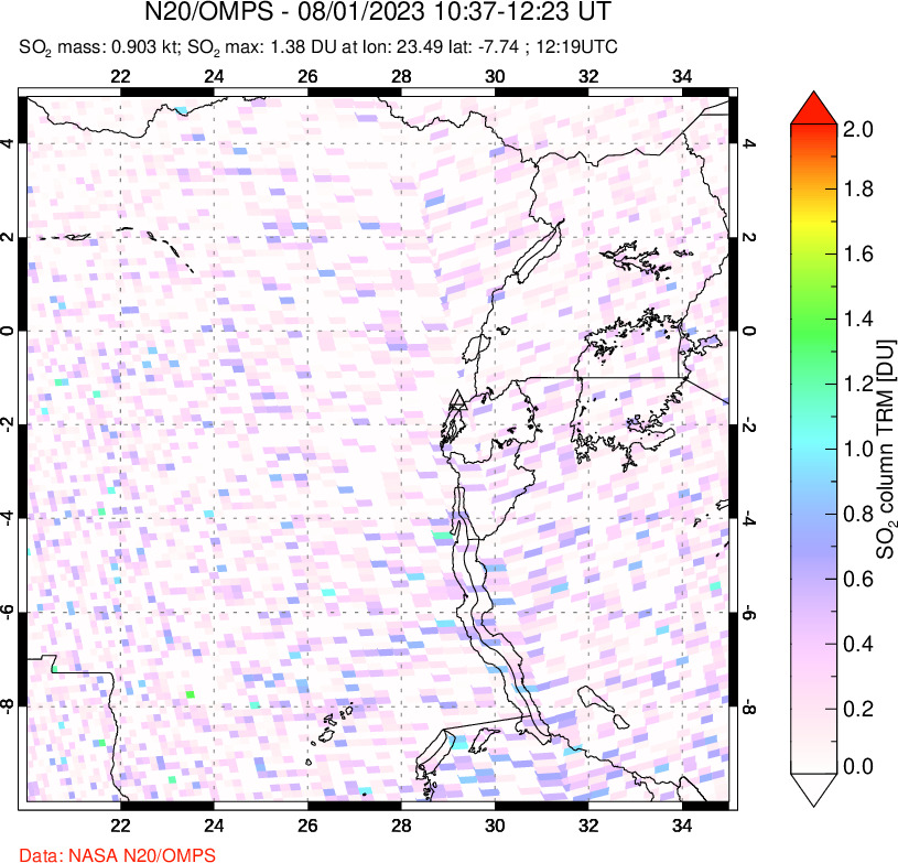 A sulfur dioxide image over Nyiragongo, DR Congo on Aug 01, 2023.