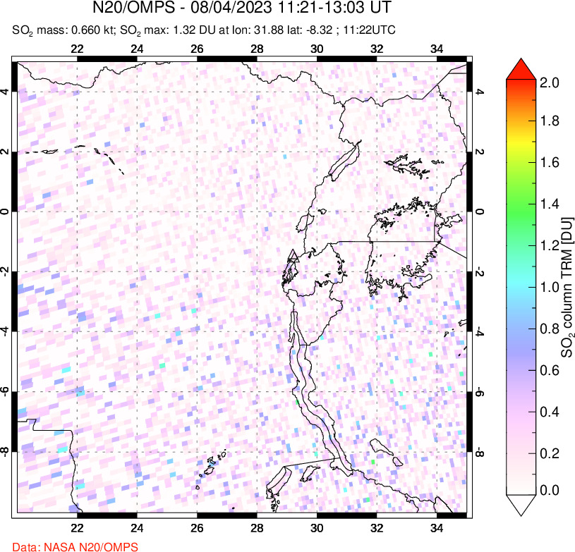 A sulfur dioxide image over Nyiragongo, DR Congo on Aug 04, 2023.