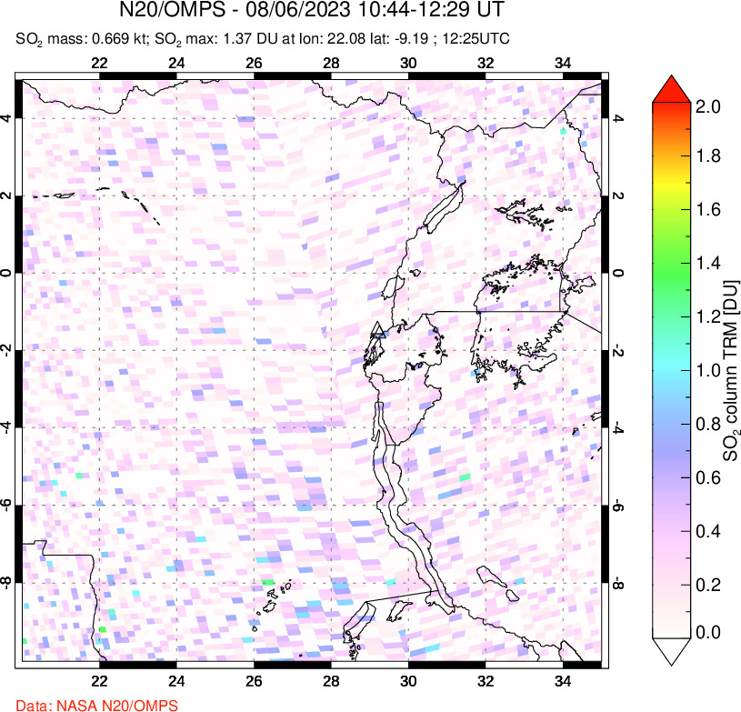 A sulfur dioxide image over Nyiragongo, DR Congo on Aug 06, 2023.