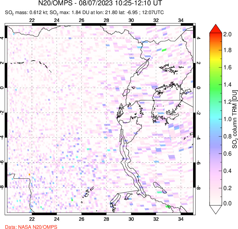 A sulfur dioxide image over Nyiragongo, DR Congo on Aug 07, 2023.