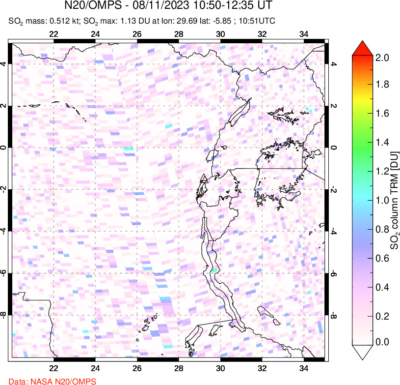 A sulfur dioxide image over Nyiragongo, DR Congo on Aug 11, 2023.