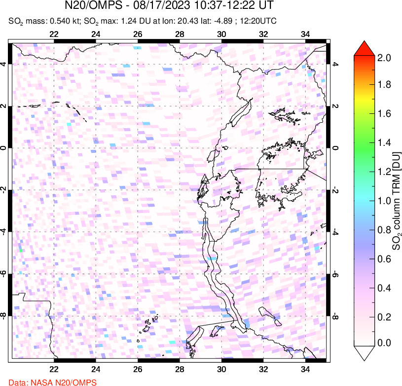 A sulfur dioxide image over Nyiragongo, DR Congo on Aug 17, 2023.