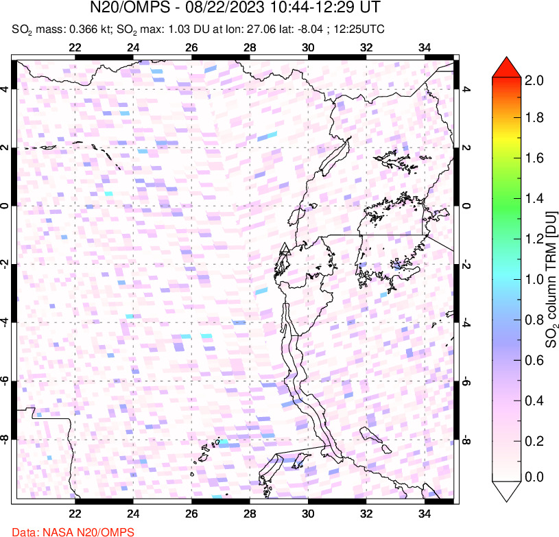 A sulfur dioxide image over Nyiragongo, DR Congo on Aug 22, 2023.