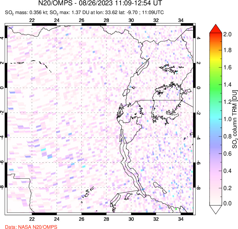 A sulfur dioxide image over Nyiragongo, DR Congo on Aug 26, 2023.