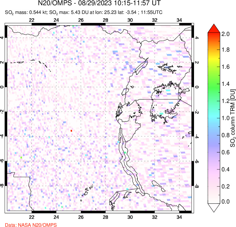 A sulfur dioxide image over Nyiragongo, DR Congo on Aug 29, 2023.