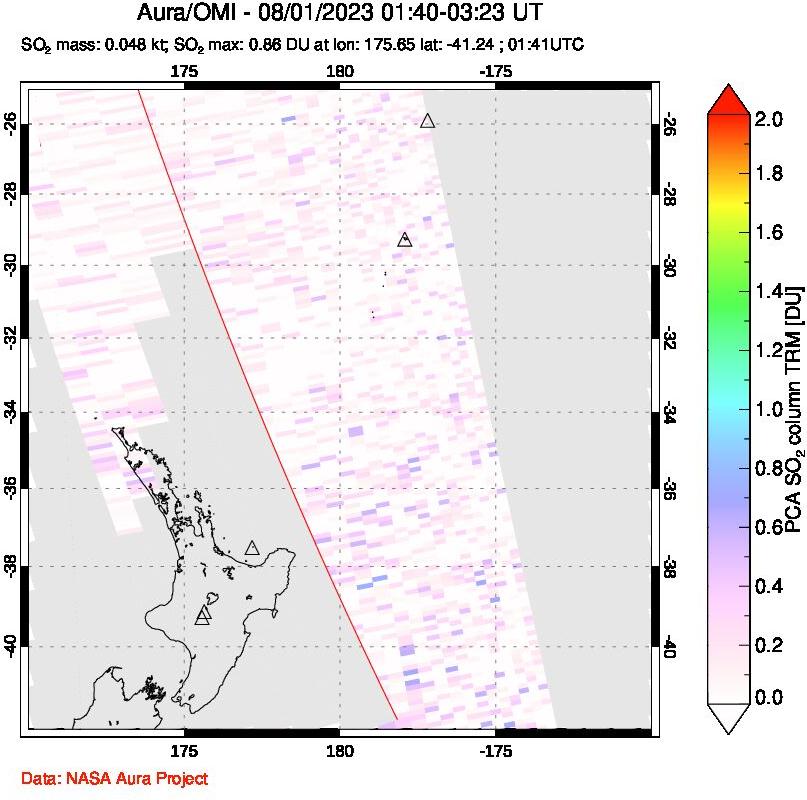 A sulfur dioxide image over New Zealand on Aug 01, 2023.