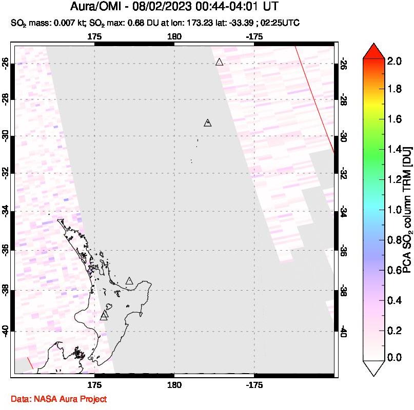 A sulfur dioxide image over New Zealand on Aug 02, 2023.