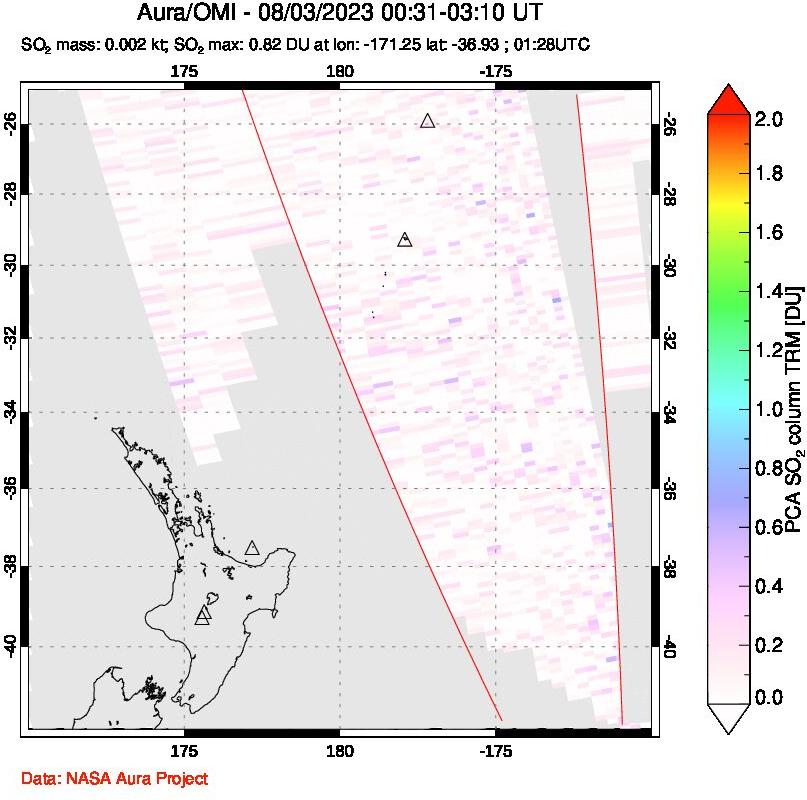 A sulfur dioxide image over New Zealand on Aug 03, 2023.