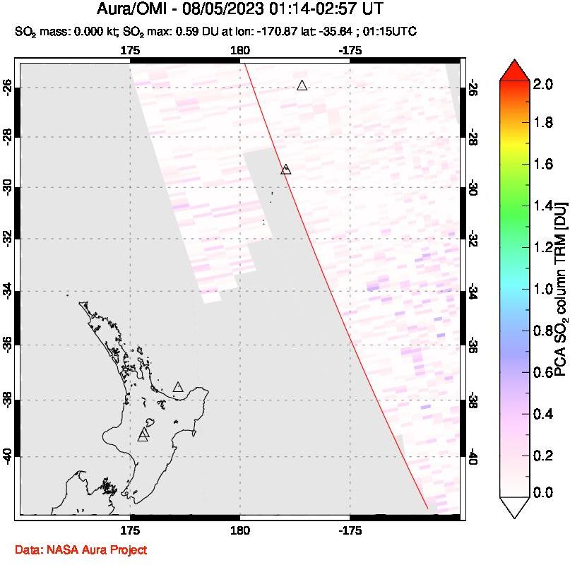 A sulfur dioxide image over New Zealand on Aug 05, 2023.