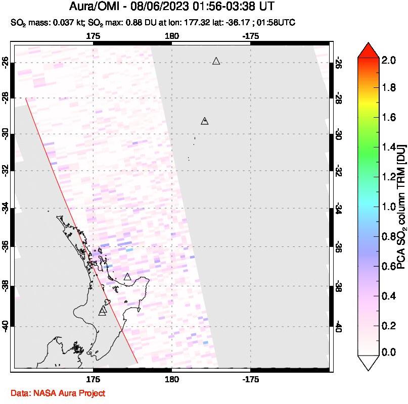 A sulfur dioxide image over New Zealand on Aug 06, 2023.