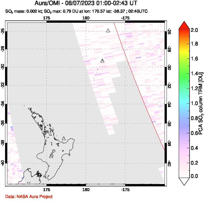 A sulfur dioxide image over New Zealand on Aug 07, 2023.