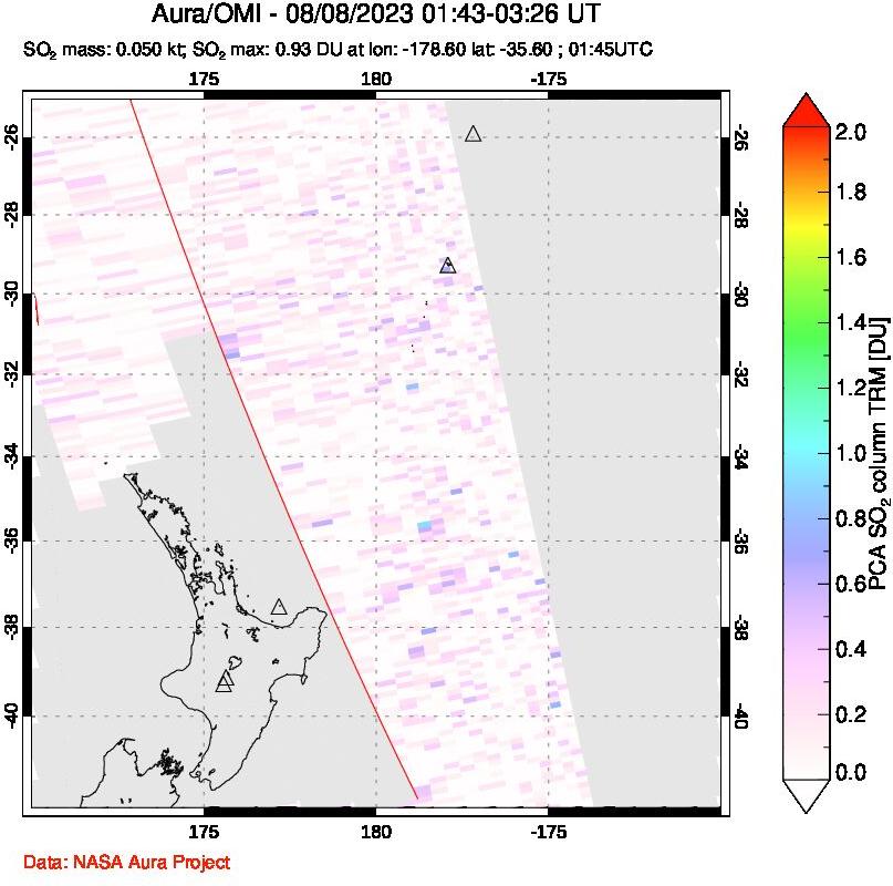 A sulfur dioxide image over New Zealand on Aug 08, 2023.