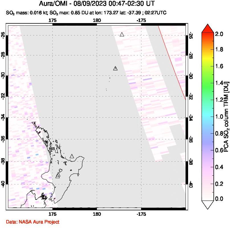 A sulfur dioxide image over New Zealand on Aug 09, 2023.