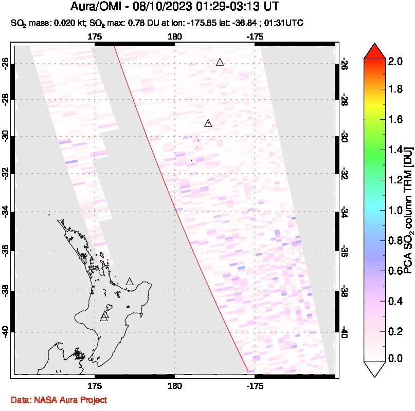A sulfur dioxide image over New Zealand on Aug 10, 2023.