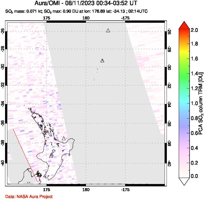 A sulfur dioxide image over New Zealand on Aug 11, 2023.