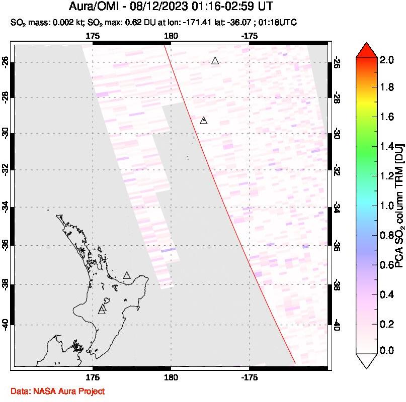 A sulfur dioxide image over New Zealand on Aug 12, 2023.