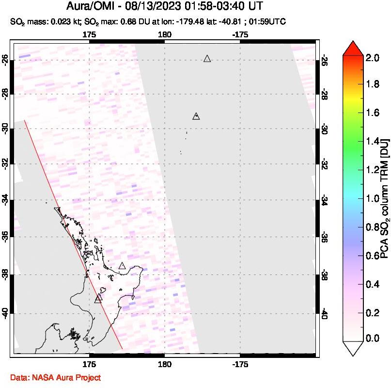 A sulfur dioxide image over New Zealand on Aug 13, 2023.