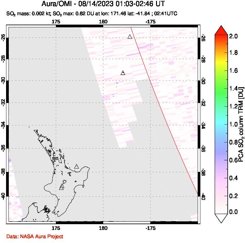 A sulfur dioxide image over New Zealand on Aug 14, 2023.