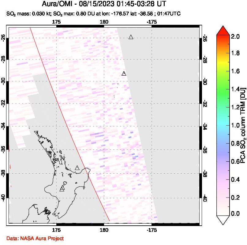 A sulfur dioxide image over New Zealand on Aug 15, 2023.