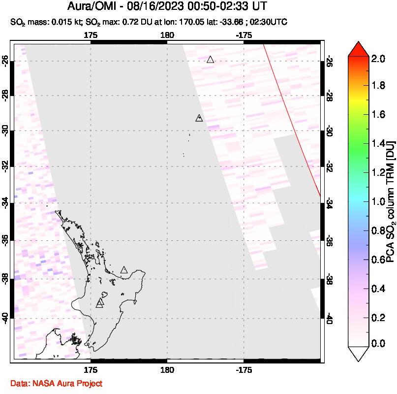 A sulfur dioxide image over New Zealand on Aug 16, 2023.