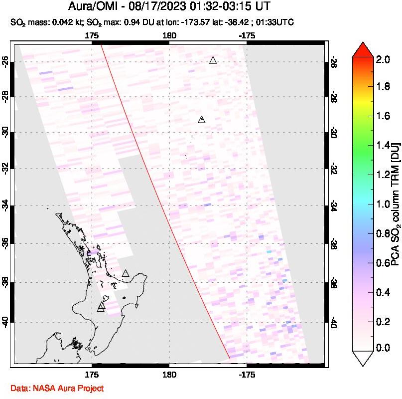 A sulfur dioxide image over New Zealand on Aug 17, 2023.