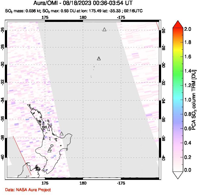 A sulfur dioxide image over New Zealand on Aug 18, 2023.