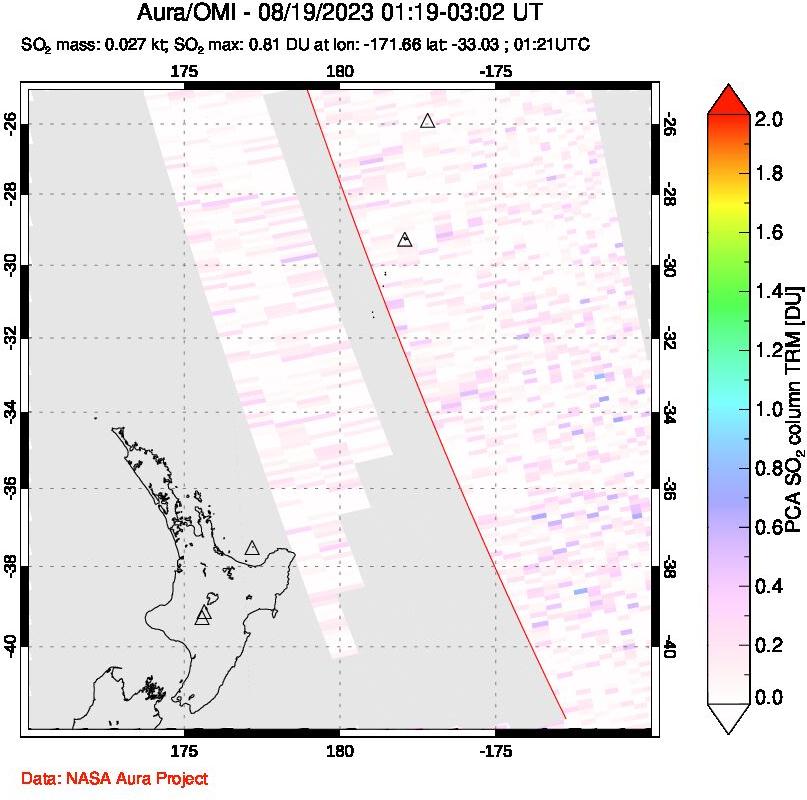 A sulfur dioxide image over New Zealand on Aug 19, 2023.