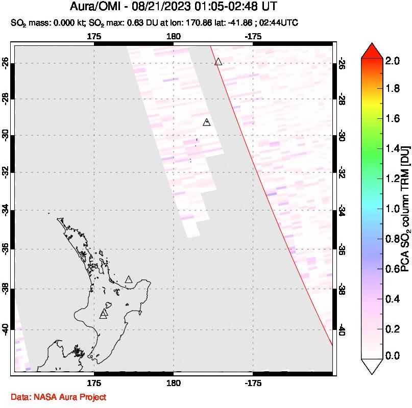 A sulfur dioxide image over New Zealand on Aug 21, 2023.