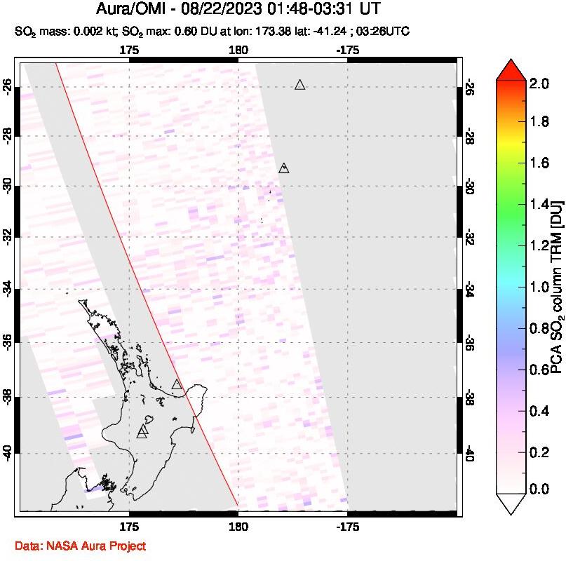 A sulfur dioxide image over New Zealand on Aug 22, 2023.