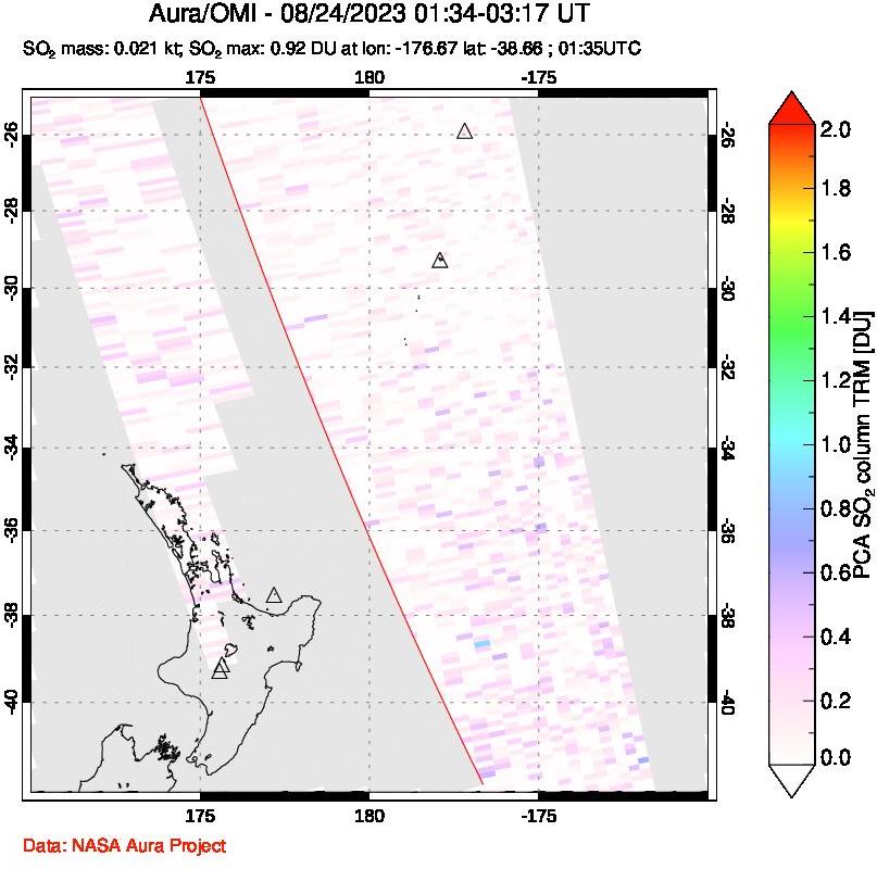 A sulfur dioxide image over New Zealand on Aug 24, 2023.