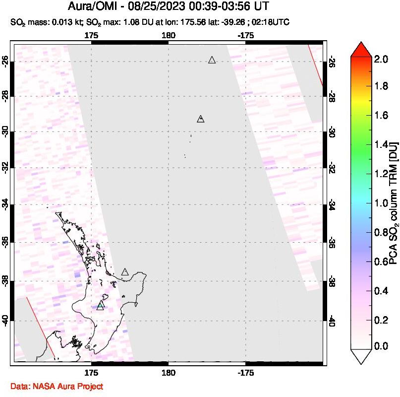 A sulfur dioxide image over New Zealand on Aug 25, 2023.