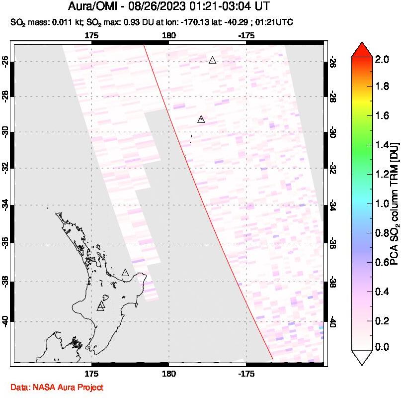 A sulfur dioxide image over New Zealand on Aug 26, 2023.