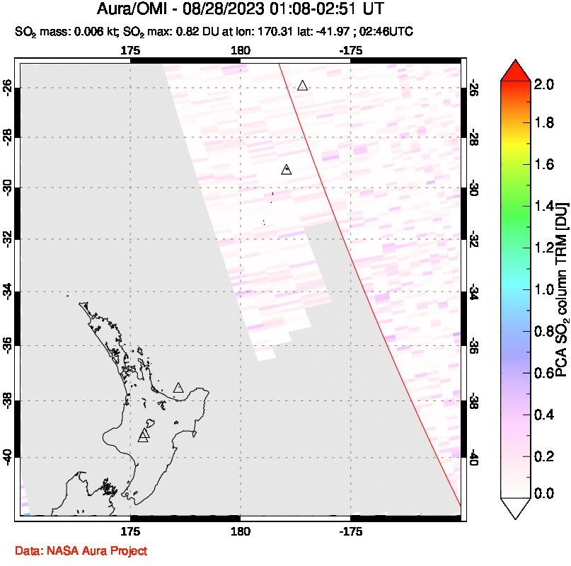 A sulfur dioxide image over New Zealand on Aug 28, 2023.