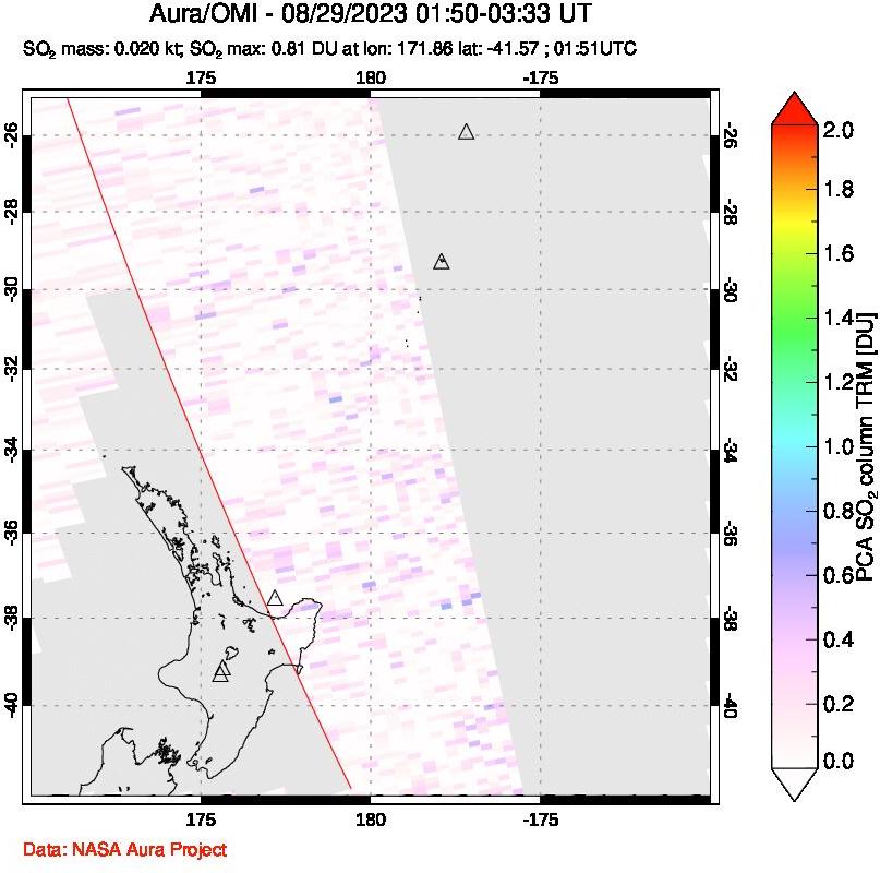 A sulfur dioxide image over New Zealand on Aug 29, 2023.