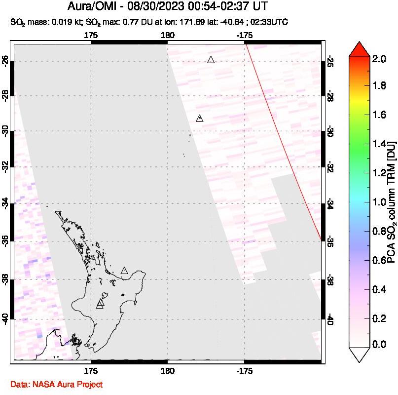 A sulfur dioxide image over New Zealand on Aug 30, 2023.