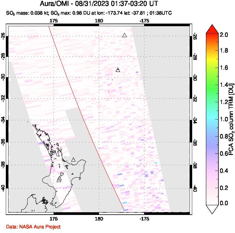 A sulfur dioxide image over New Zealand on Aug 31, 2023.