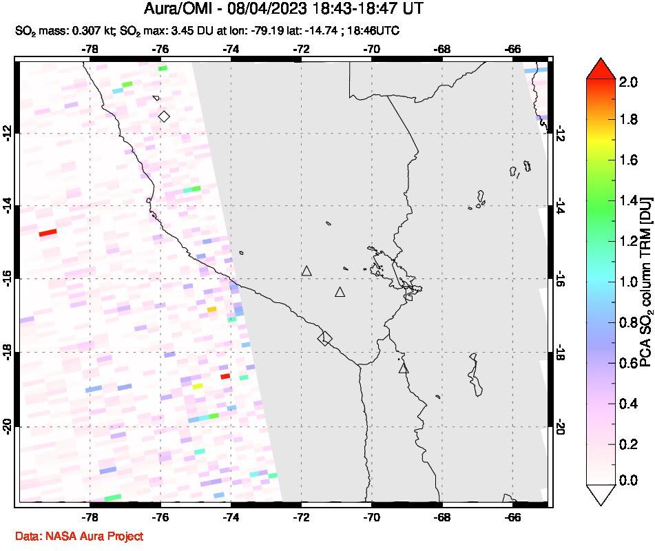 A sulfur dioxide image over Peru on Aug 04, 2023.