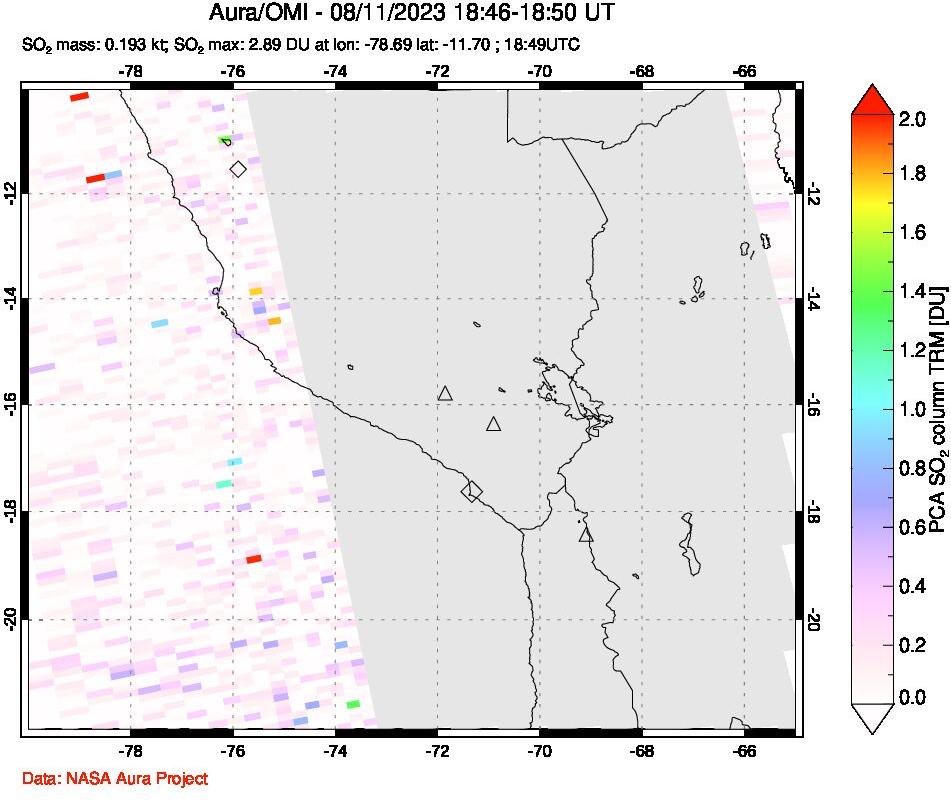 A sulfur dioxide image over Peru on Aug 11, 2023.