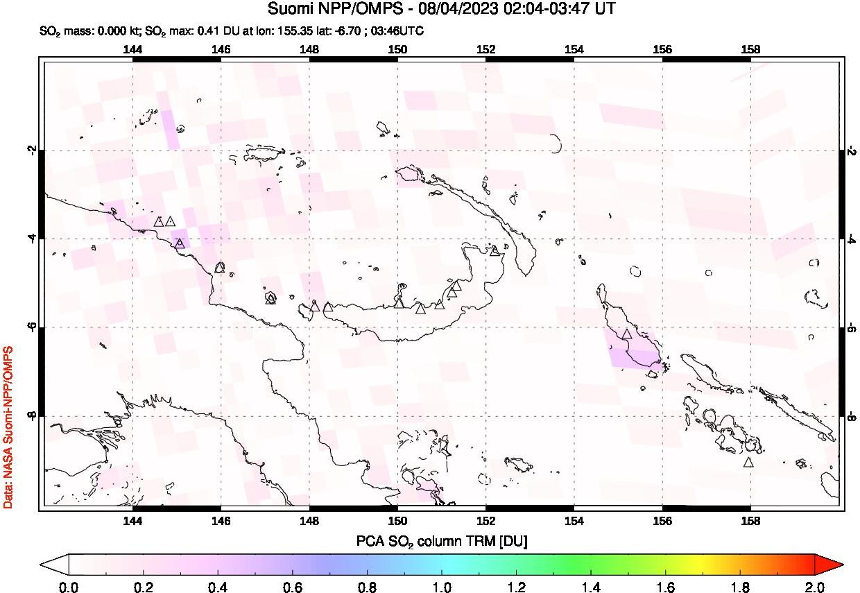 A sulfur dioxide image over Papua, New Guinea on Aug 04, 2023.