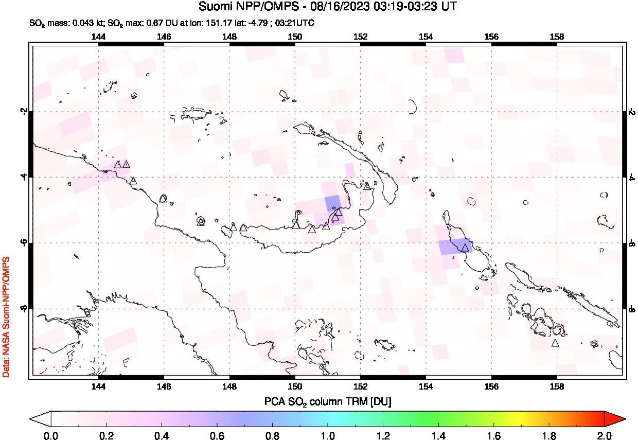 A sulfur dioxide image over Papua, New Guinea on Aug 16, 2023.