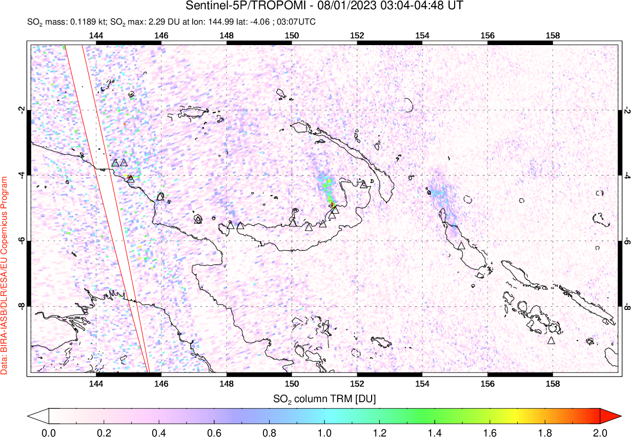 A sulfur dioxide image over Papua, New Guinea on Aug 01, 2023.