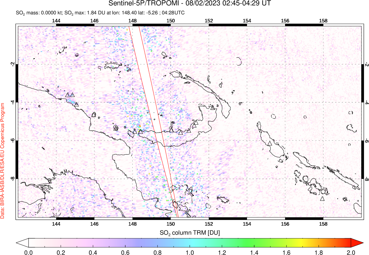 A sulfur dioxide image over Papua, New Guinea on Aug 02, 2023.