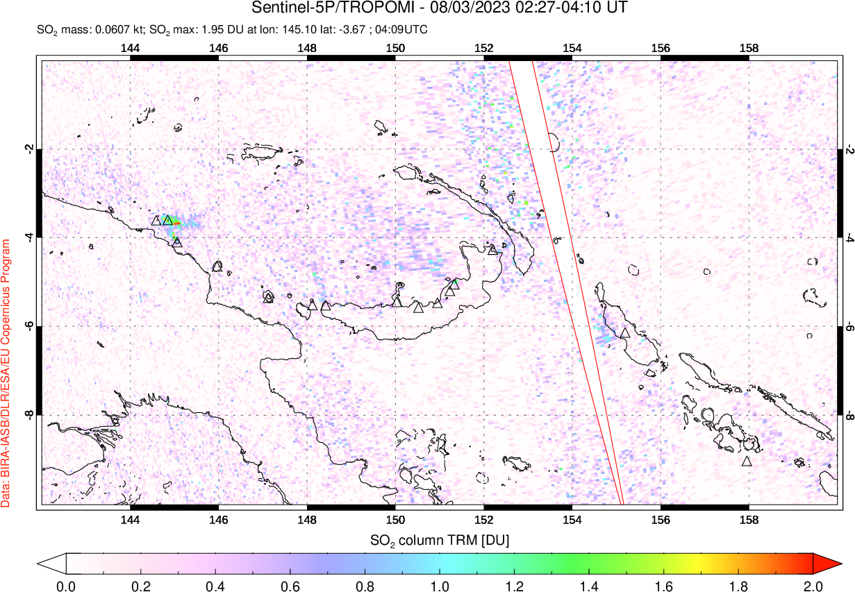 A sulfur dioxide image over Papua, New Guinea on Aug 03, 2023.