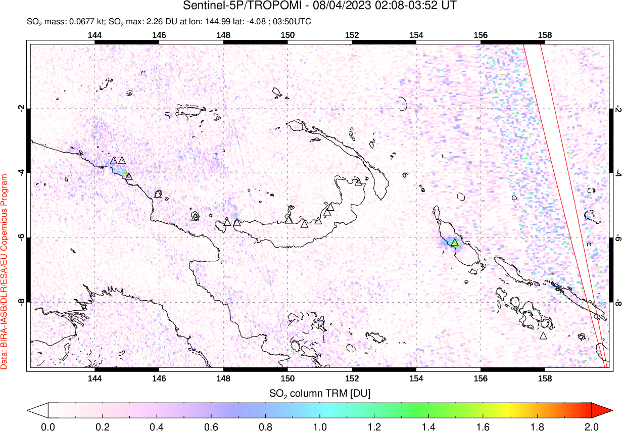A sulfur dioxide image over Papua, New Guinea on Aug 04, 2023.