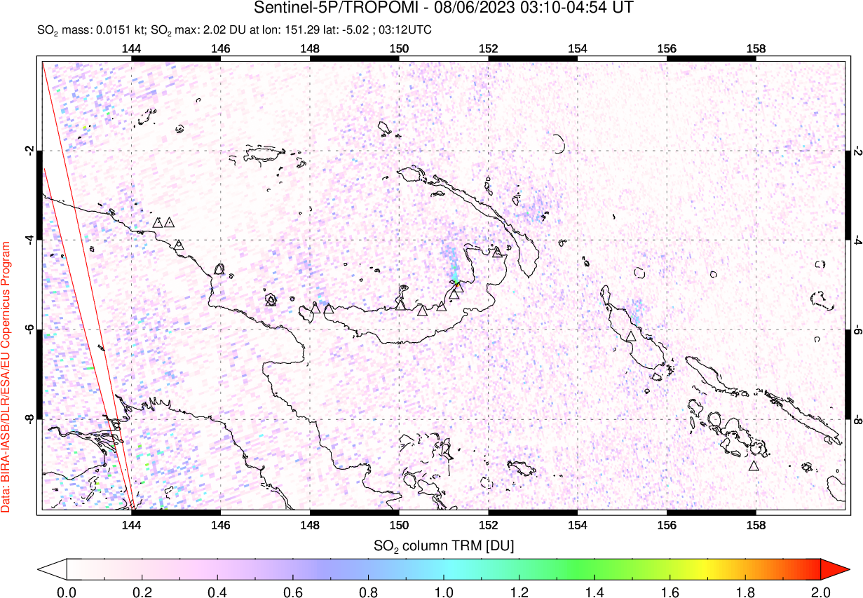 A sulfur dioxide image over Papua, New Guinea on Aug 06, 2023.