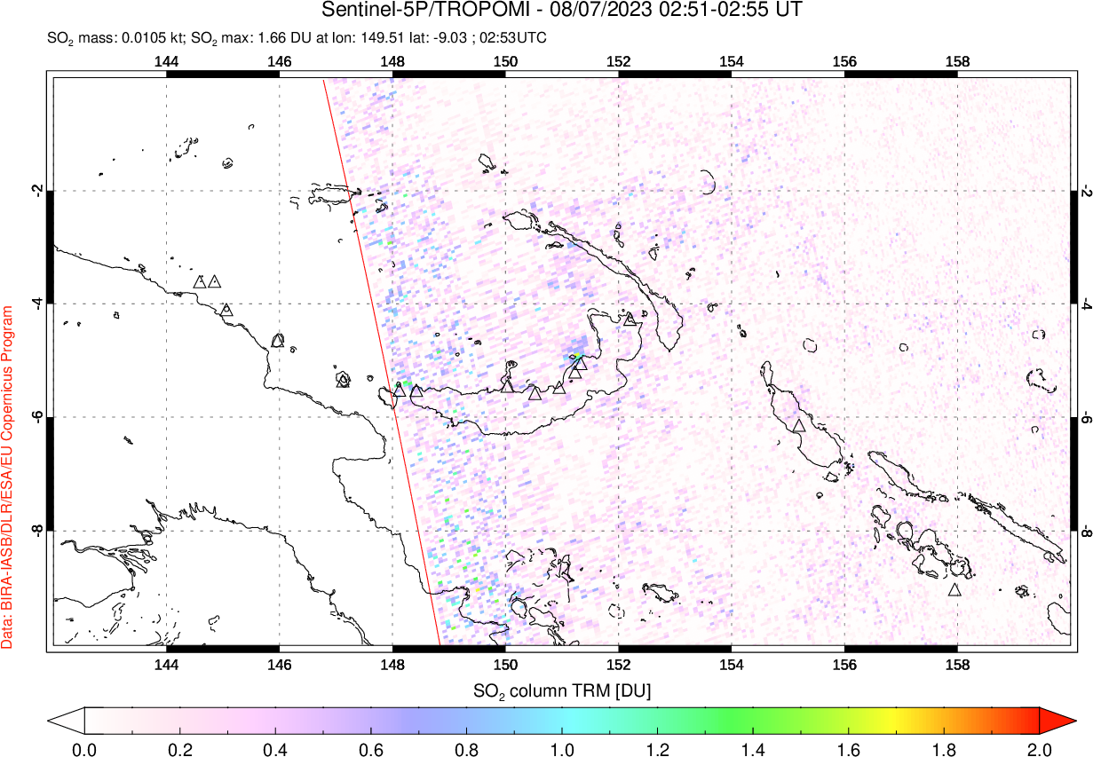 A sulfur dioxide image over Papua, New Guinea on Aug 07, 2023.